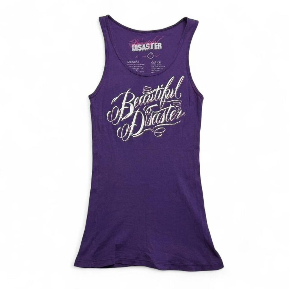 Beautiful Disaster purple tank top Size S 100%Cotton Biker Girl Y2K Grunge 2000s